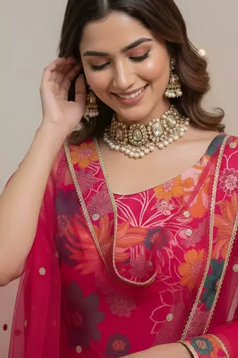 Pink floral printed cotton kurta set for women