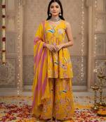 Yellow floral printed pure cotton kurta set for women