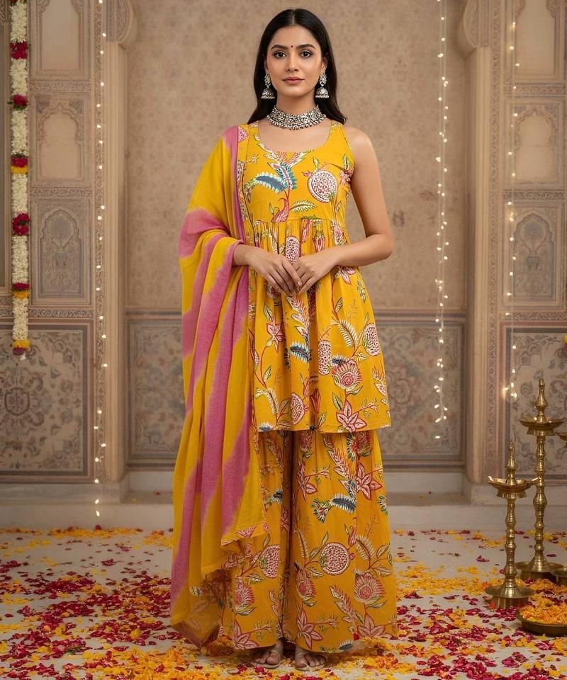 Yellow floral printed pure cotton kurta set for women