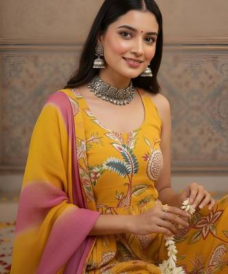 Yellow floral printed pure cotton kurta set for women 3