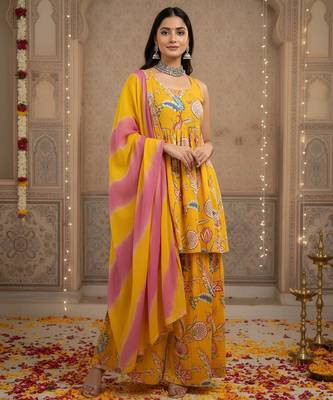 Yellow floral printed pure cotton kurta set for women 4
