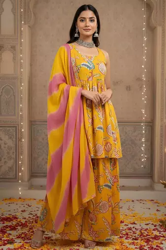 Yellow floral printed cotton kurta set for women