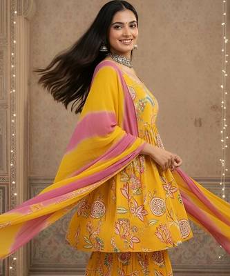 Yellow floral printed pure cotton kurta set for women 5