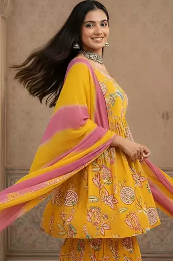 Yellow floral printed cotton kurta set for women