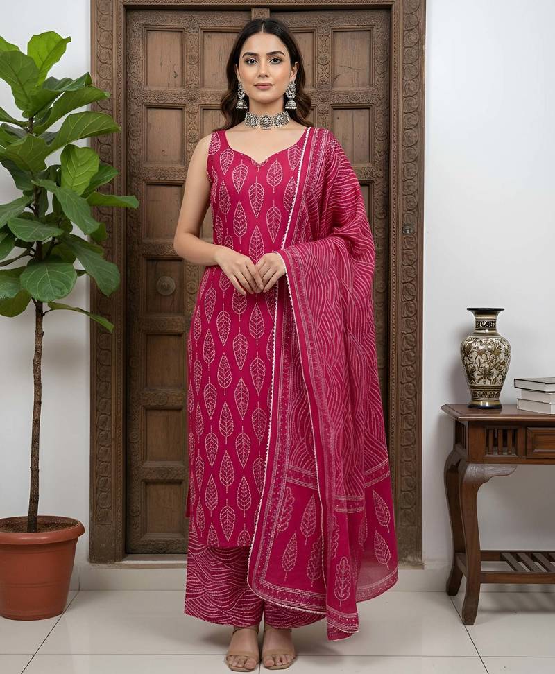 Pink floral printed pure cotton kurta set for women