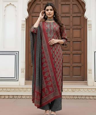 Maroon floral printed pure cotton kurta set for women 1