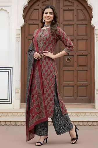 Maroon floral printed cotton kurta set for women