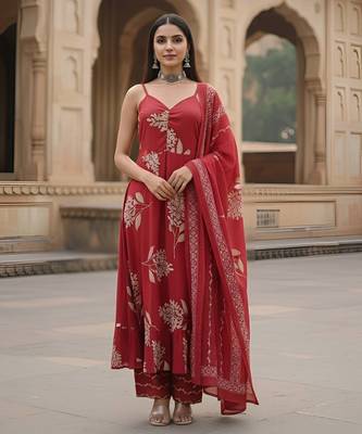 Red floral printed pure cotton kurta set for women 1