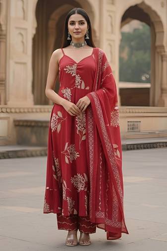 Red floral printed cotton kurta set for women