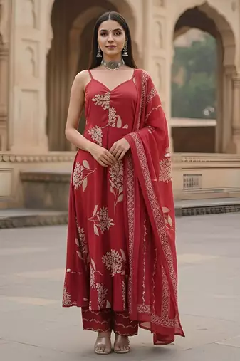 Red floral printed cotton kurta set for women