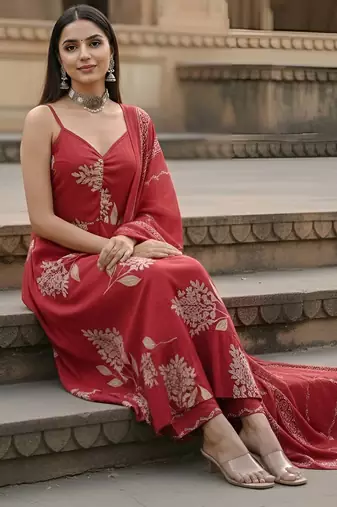 Red floral printed cotton kurta set for women