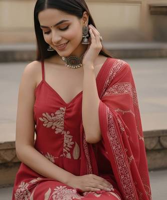 Red floral printed pure cotton kurta set for women 4