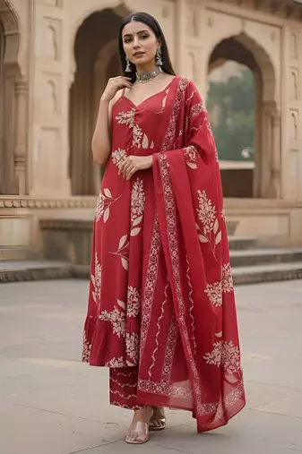 Red floral printed cotton kurta set for women
