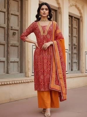 Red floral printed pure cotton kurta set for women 1