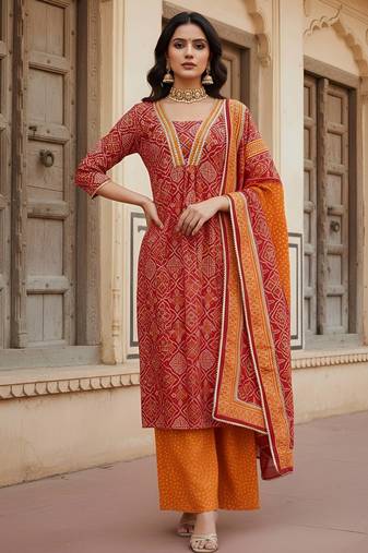 Red floral printed cotton kurta set for women