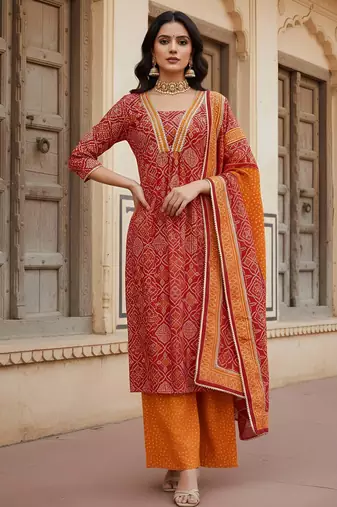 Red floral printed cotton kurta set for women