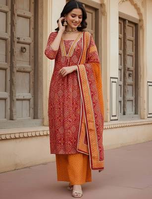 Red floral printed pure cotton kurta set for women 3