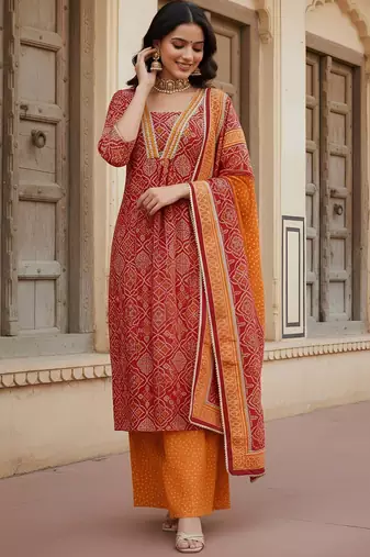 Red floral printed cotton kurta set for women