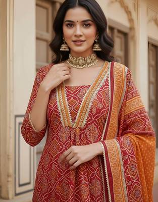 Red floral printed pure cotton kurta set for women 4