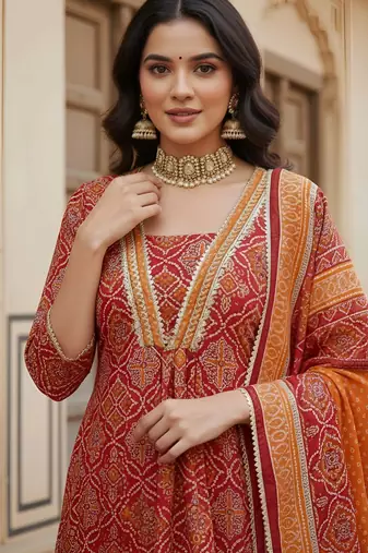 Red floral printed cotton kurta set for women