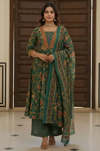 Green floral printed cotton kurta set for women