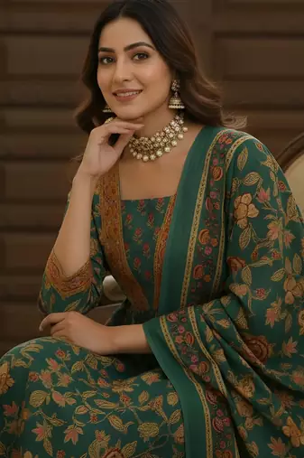 Green floral printed cotton kurta set for women