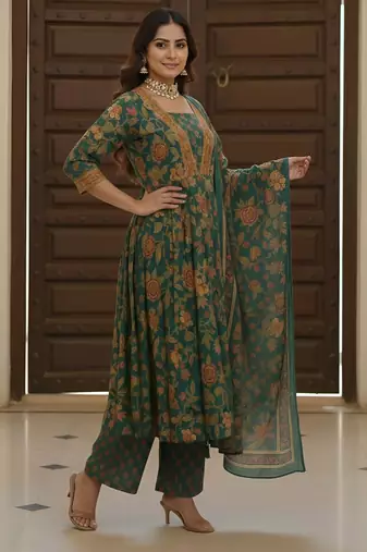 Green floral printed cotton kurta set for women