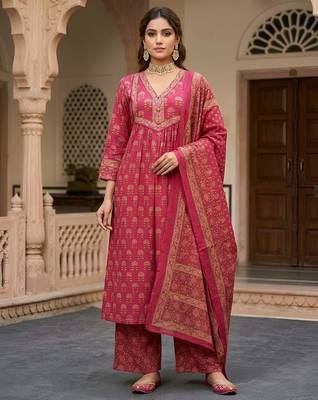 Pink floral printed pure cotton kurta set for women 1