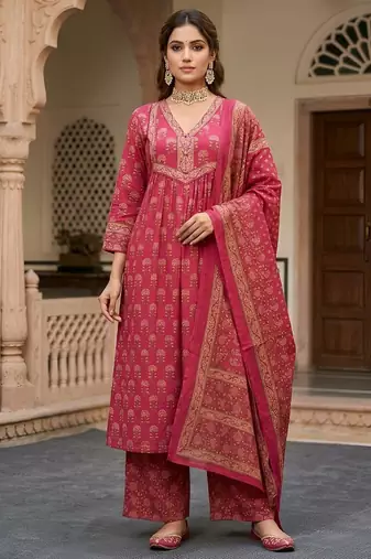Pink floral printed cotton kurta set for women