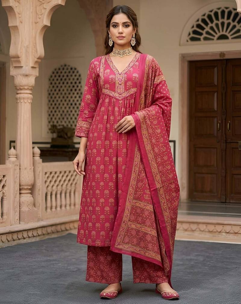 Pink floral printed pure cotton kurta set for women