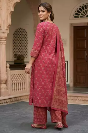 Pink floral printed cotton kurta set for women