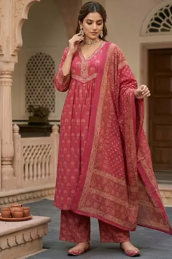 Pink floral printed cotton kurta set for women