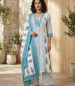 Off white floral printed pure cotton kurta set for women