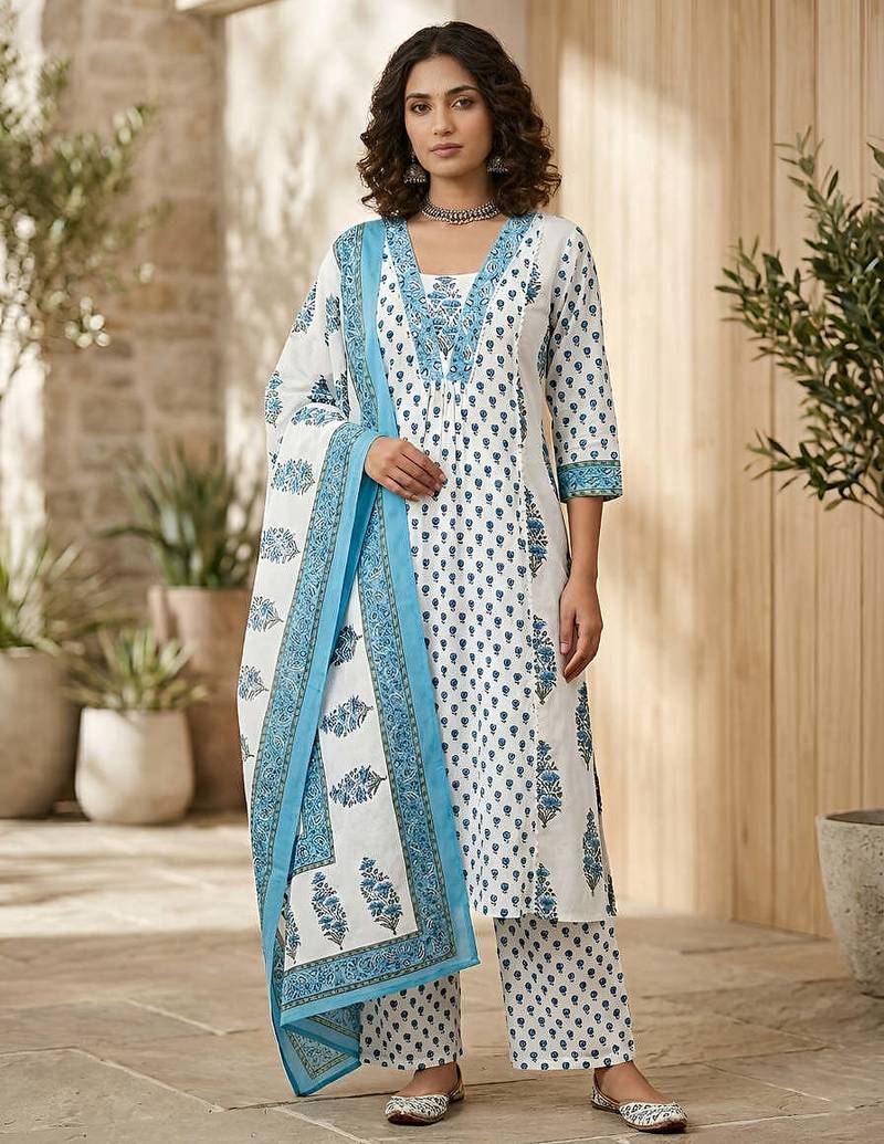 Off white floral printed pure cotton kurta set for women