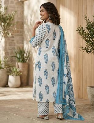 Off white floral printed pure cotton kurta set for women 2