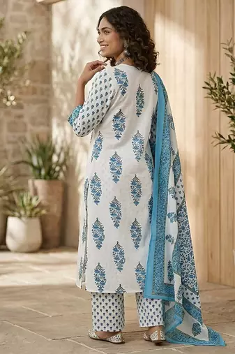 Off white floral printed cotton kurta set for women