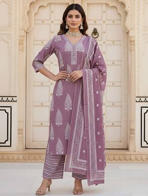 Mauve floral printed pure cotton kurta set for women 1