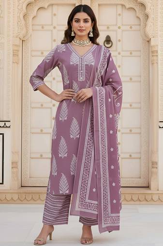 Mauve floral printed pure cotton kurta set for women