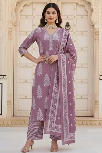 Mauve floral printed pure cotton kurta set for women