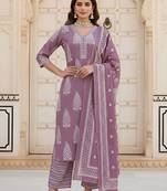 Mauve floral printed pure cotton kurta set for women