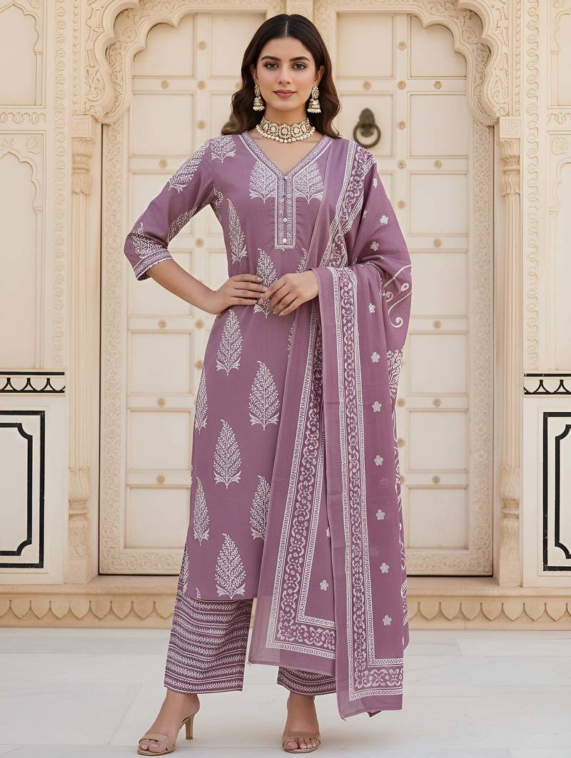 Mauve floral printed pure cotton kurta set for women