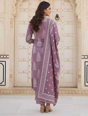 Mauve floral printed pure cotton kurta set for women 2