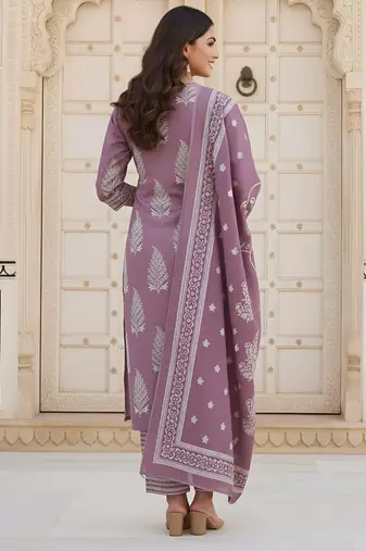 Mauve floral printed pure cotton kurta set for women