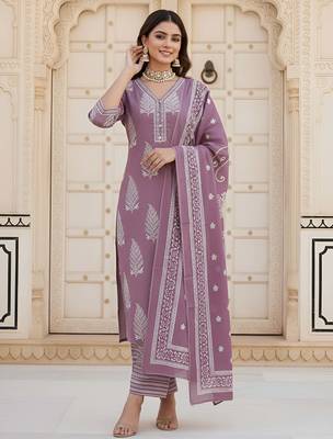 Mauve floral printed pure cotton kurta set for women 3