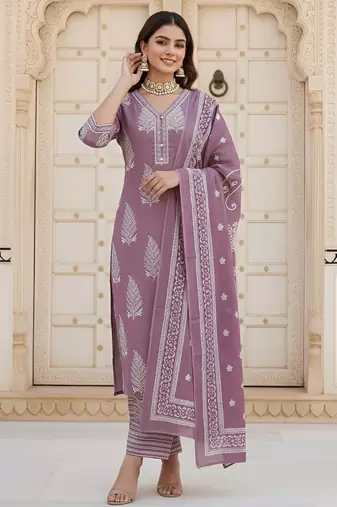 Mauve floral printed pure cotton kurta set for women