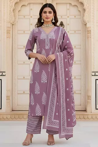 Mauve floral printed pure cotton kurta set for women
