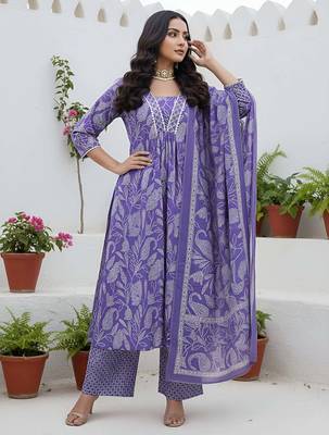 Lavender floral printed pure cotton kurta set for women 1
