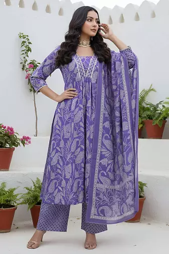 Lavender floral printed cotton kurta set for women