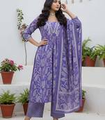 Lavender floral printed pure cotton kurta set for women