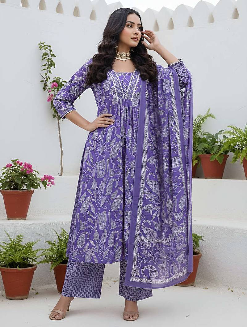 Lavender floral printed pure cotton kurta set for women